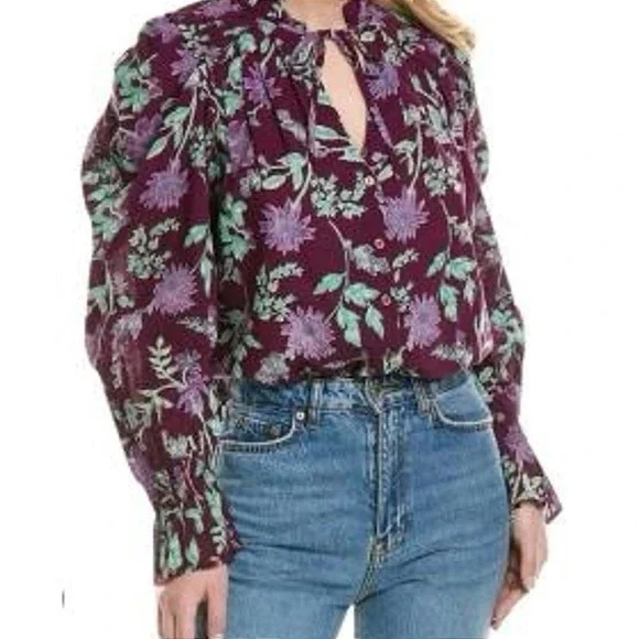 Free People Meant to Be Floral Puff Sleeve Button Up Blouse Top NWT‎ - Picture 2 of 13